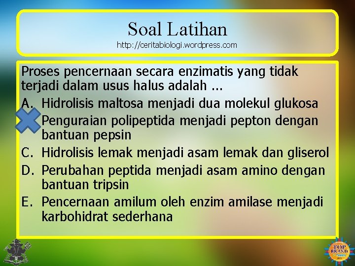 Soal Latihan http: //ceritabiologi. wordpress. com Proses pencernaan secara enzimatis yang tidak terjadi dalam