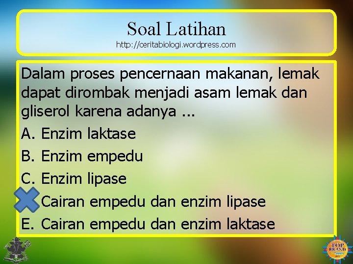 Soal Latihan http: //ceritabiologi. wordpress. com Dalam proses pencernaan makanan, lemak dapat dirombak menjadi
