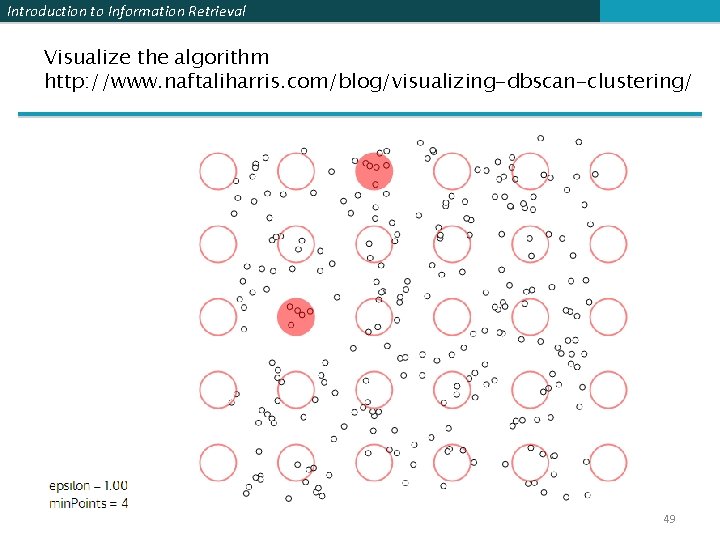 Introduction to Information Retrieval Visualize the algorithm http: //www. naftaliharris. com/blog/visualizing-dbscan-clustering/ 49 
