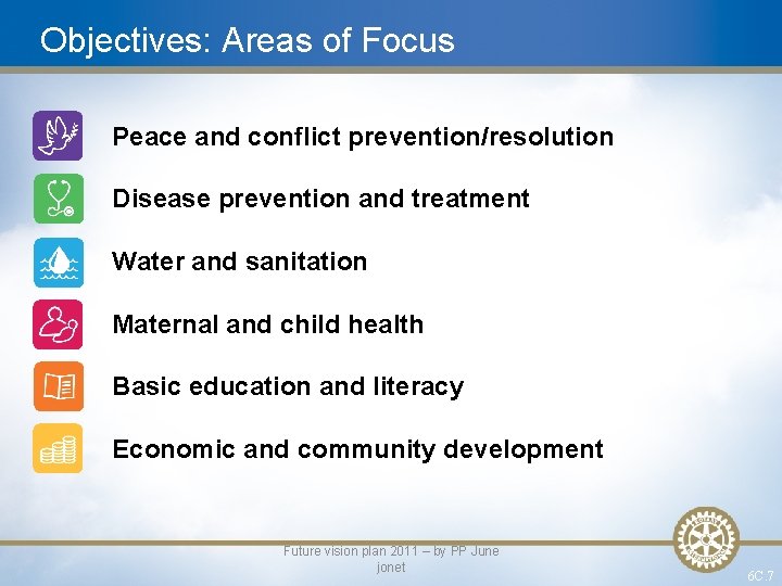 Objectives: Areas of Focus Peace and conflict prevention/resolution Disease prevention and treatment Water and