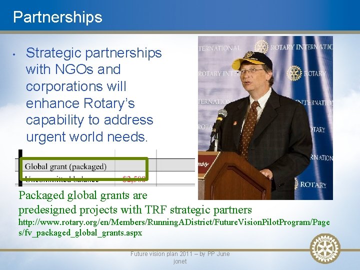 Partnerships • Strategic partnerships with NGOs and corporations will enhance Rotary’s capability to address