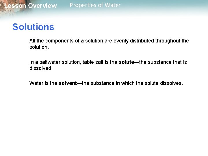 Lesson Overview Properties of Water Solutions All the components of a solution are evenly