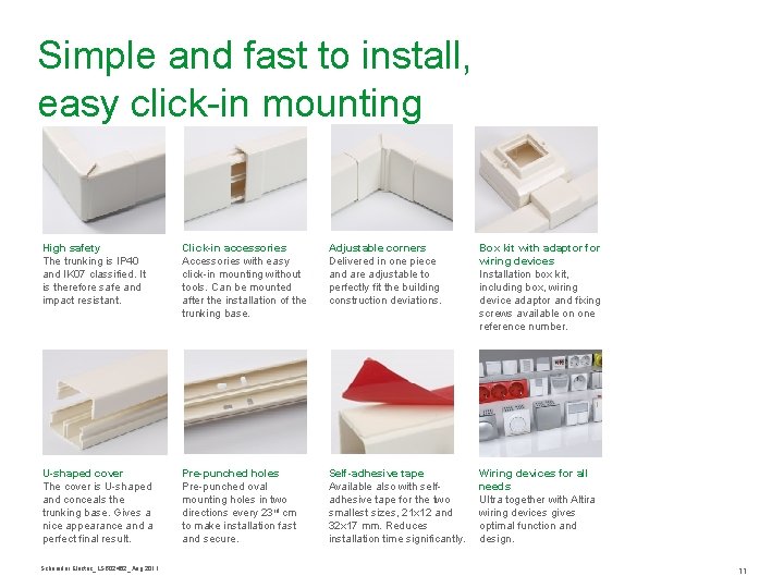 Simple and fast to install, easy click-in mounting High safety The trunking is IP