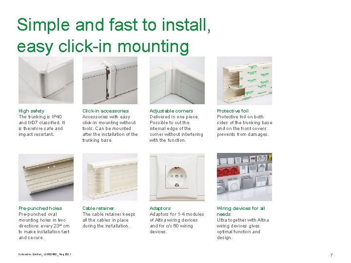 Simple and fast to install, easy click-in mounting High safety The trunking is IP
