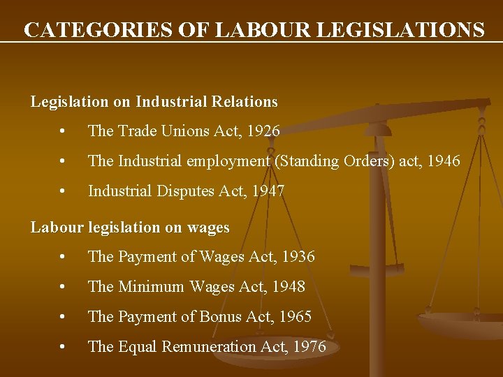 CATEGORIES OF LABOUR LEGISLATIONS Legislation on Industrial Relations • The Trade Unions Act, 1926