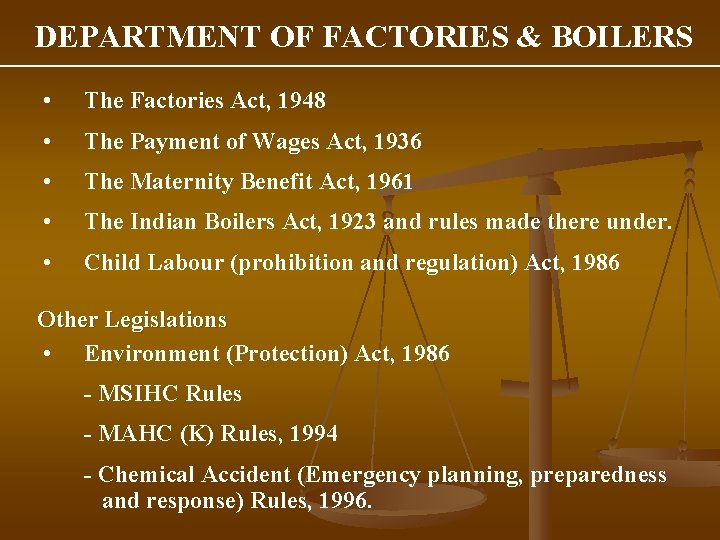 DEPARTMENT OF FACTORIES & BOILERS • The Factories Act, 1948 • The Payment of