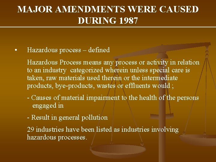 MAJOR AMENDMENTS WERE CAUSED DURING 1987 • Hazardous process – defined Hazardous Process means