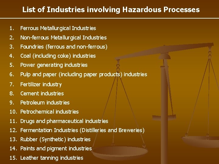 List of Industries involving Hazardous Processes 1. Ferrous Metallurgical Industries 2. Non-ferrous Metallurgical Industries