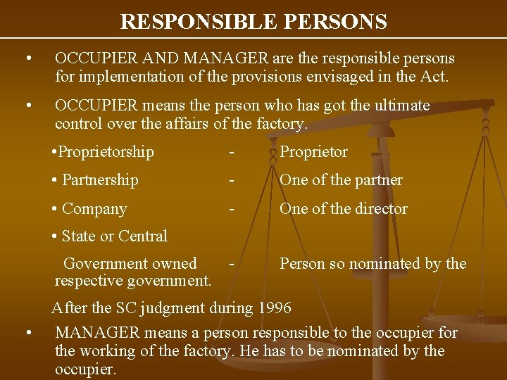 RESPONSIBLE PERSONS • OCCUPIER AND MANAGER are the responsible persons for implementation of the