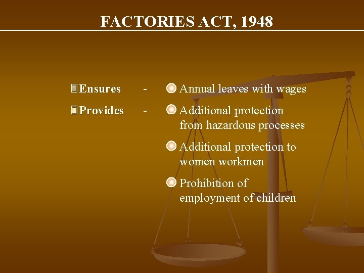 FACTORIES ACT, 1948 3 Ensures - Annual leaves with wages 3 Provides - Additional