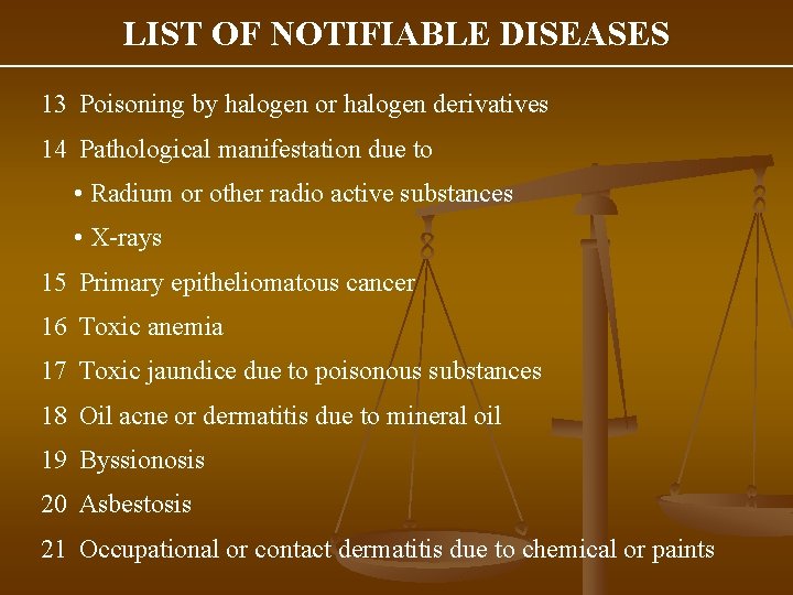 LIST OF NOTIFIABLE DISEASES 13 Poisoning by halogen or halogen derivatives 14 Pathological manifestation