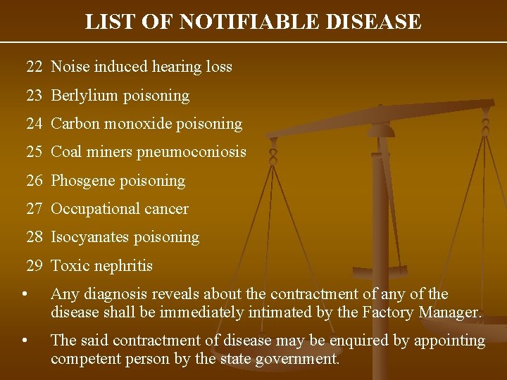 LIST OF NOTIFIABLE DISEASE 22 Noise induced hearing loss 23 Berlylium poisoning 24 Carbon