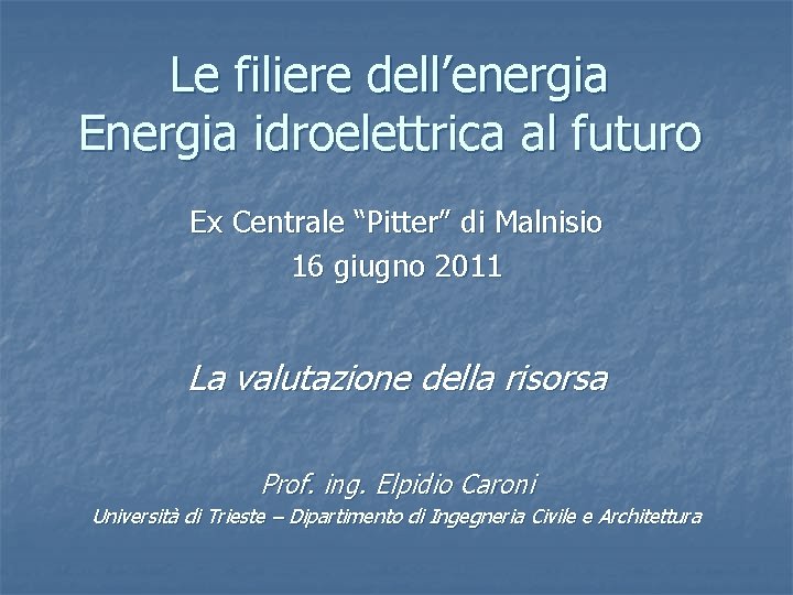 Le filiere dell’energia Energia idroelettrica al futuro Ex Centrale “Pitter” di Malnisio 16 giugno