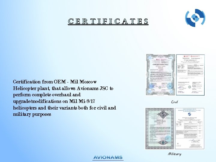Cert. If. Icates Certification from OEM - Mil Moscow Helicopter plant, that allows Avionams