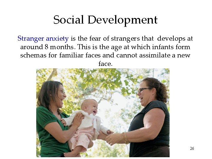 Social Development Stranger anxiety is the fear of strangers that develops at around 8