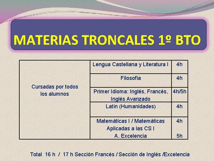 MATERIAS TRONCALES 1º BTO Cursadas por todos los alumnos Lengua Castellana y Literatura I