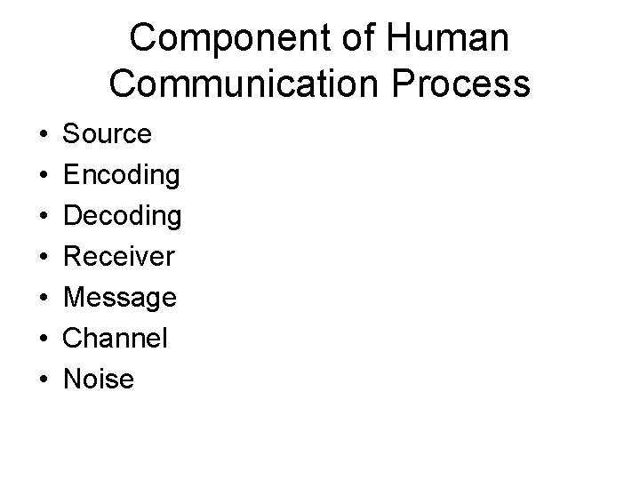 Component of Human Communication Process • • Source Encoding Decoding Receiver Message Channel Noise