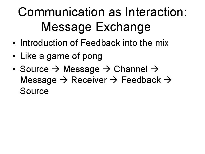 Communication as Interaction: Message Exchange • Introduction of Feedback into the mix • Like