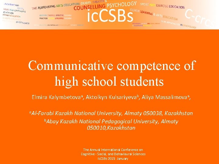 Communicative competence of high school students Elmira Kalymbetovaa, Aktolkyn Kulsariyevab, Aliya Massalimovaa, a. Al-Farabi