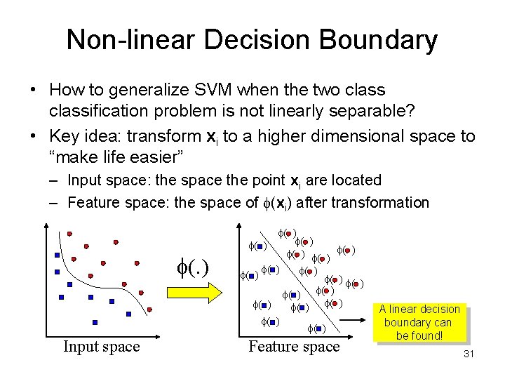 Non-linear Decision Boundary • How to generalize SVM when the two classification problem is Non-linear Decision Boundary • How to generalize SVM when the two classification problem is