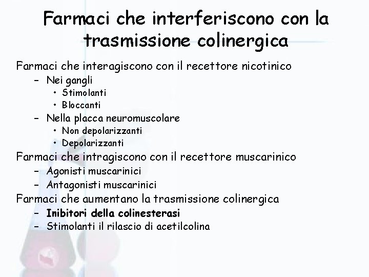 Farmaci che interferiscono con la trasmissione colinergica Farmaci che interagiscono con il recettore nicotinico Farmaci che interferiscono con la trasmissione colinergica Farmaci che interagiscono con il recettore nicotinico