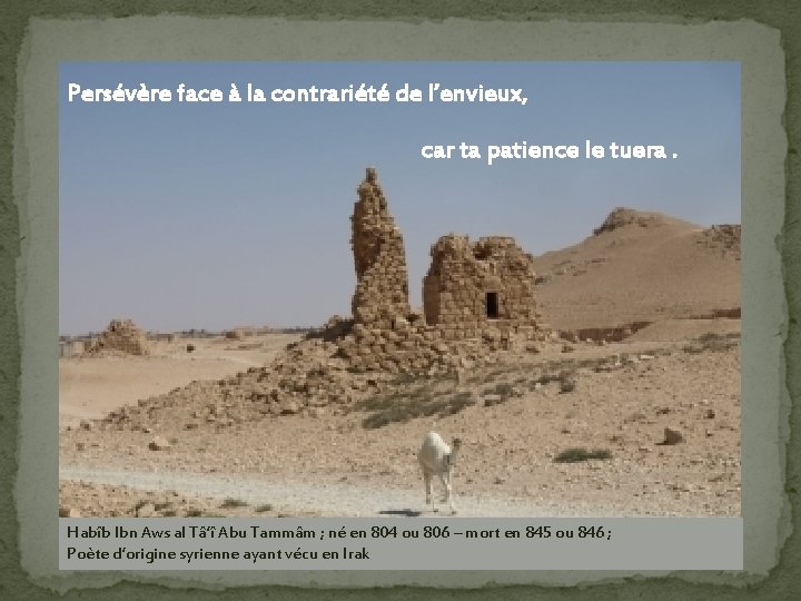 Persévère face à la contrariété de l’envieux, car ta patience le tuera. Habîb Ibn