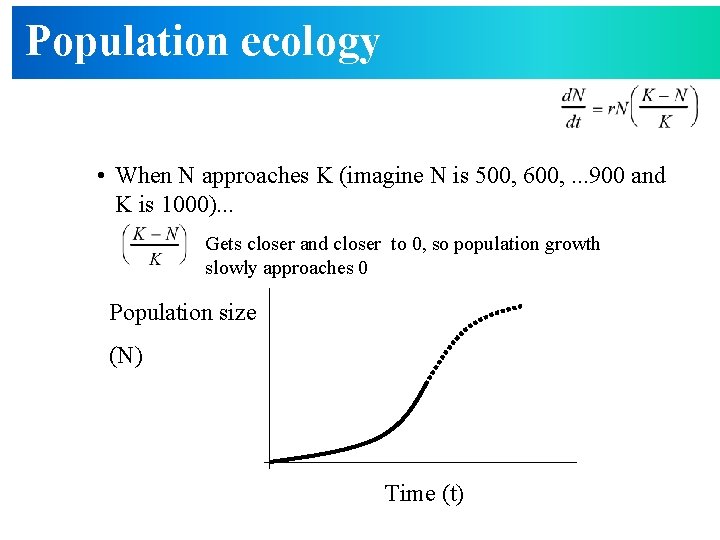 Population ecology • When N approaches K (imagine N is 500, 600, . .