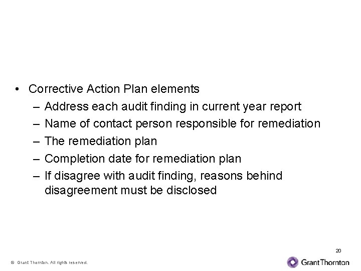 Audit Findings Follow Up by Auditee • Corrective Action Plan elements – Address each