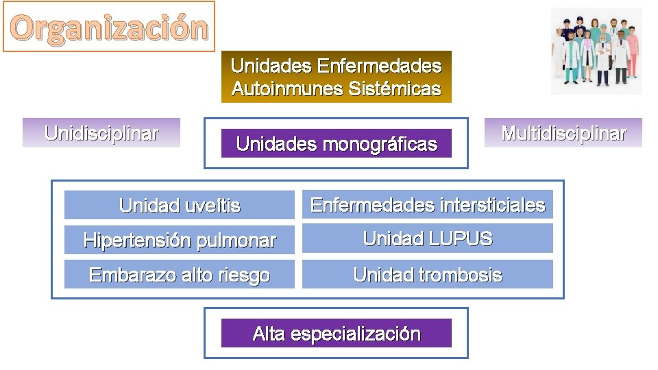 Organización Unidades Enfermedades Autoinmunes Sistémicas Unidisciplinar Unidades monográficas Multidisciplinar Unidad uveítis Enfermedades intersticiales Hipertensión