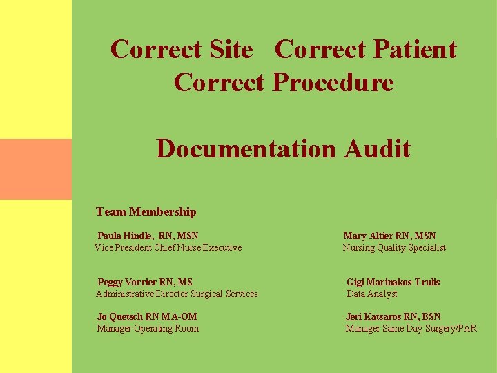 Correct Site Correct Patient Correct Procedure Documentation Audit Team Membership Paula Hindle, RN, MSN