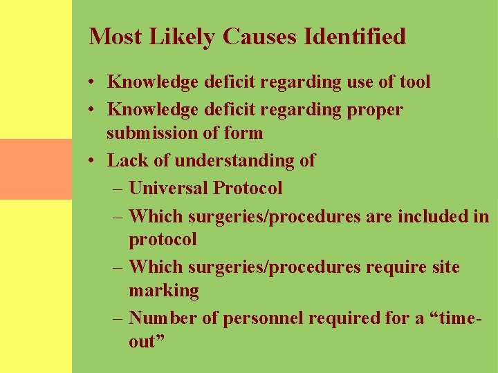 Most Likely Causes Identified • Knowledge deficit regarding use of tool • Knowledge deficit