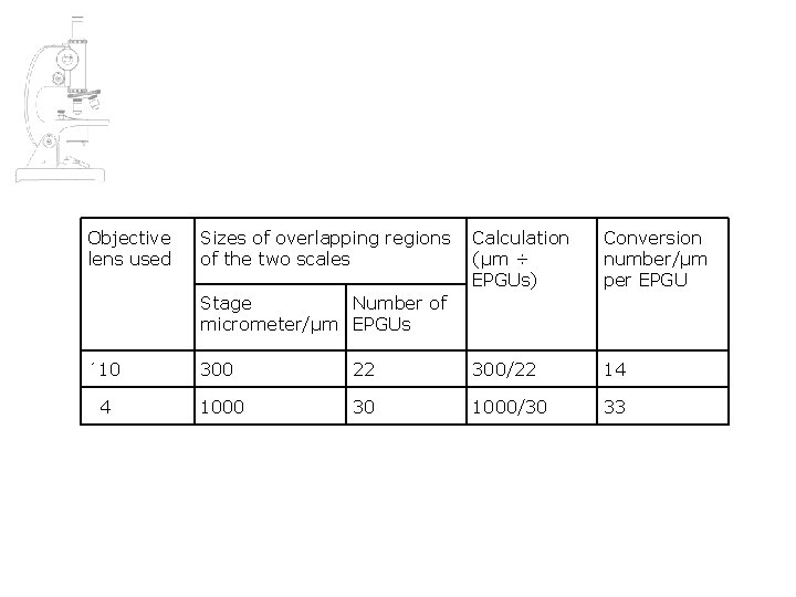 Objective lens used Sizes of overlapping regions of the two scales Calculation (µm ÷ Objective lens used Sizes of overlapping regions of the two scales Calculation (µm ÷