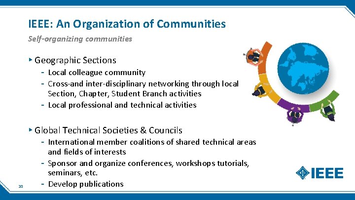 IEEE: An Organization of Communities Self-organizing communities ▸ Geographic Sections - Local colleague community