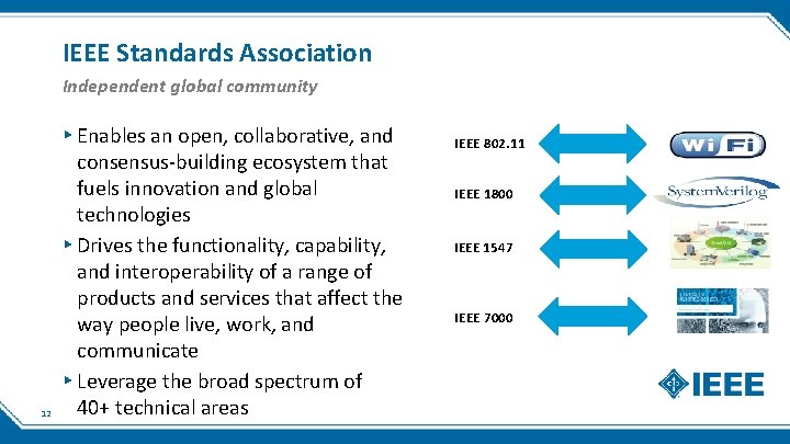 IEEE Standards Association Independent global community 12 ▸ Enables an open, collaborative, and consensus-building