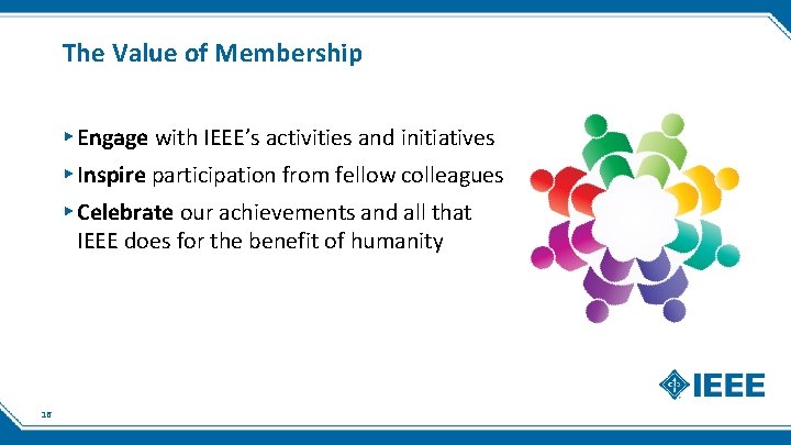 The Value of Membership ▸ Engage with IEEE’s activities and initiatives ▸ Inspire participation