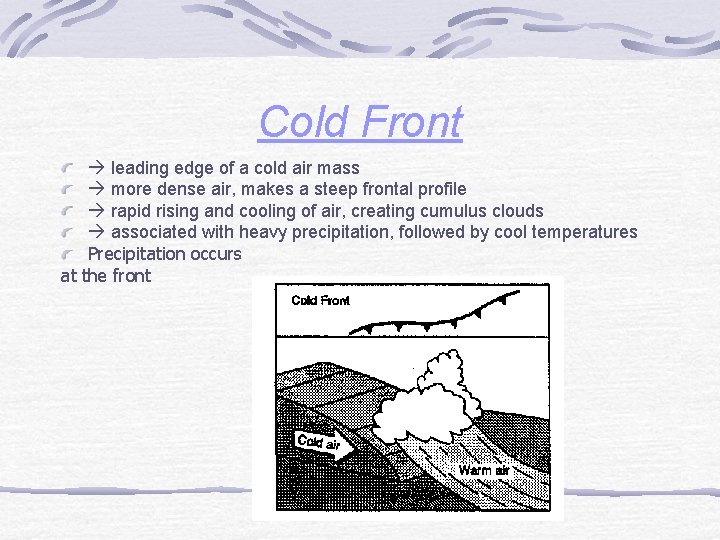 Cold Front leading edge of a cold air mass more dense air, makes a