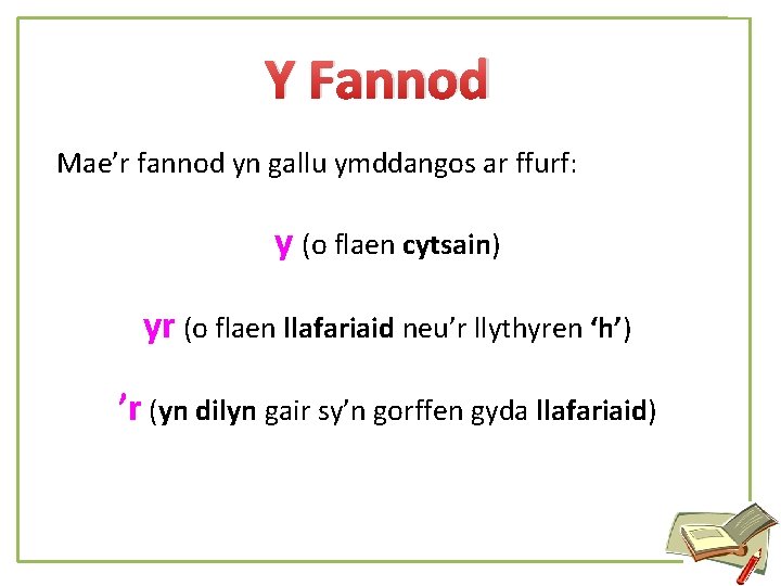 Y Fannod Mae’r fannod yn gallu ymddangos ar ffurf: y (o flaen cytsain) yr