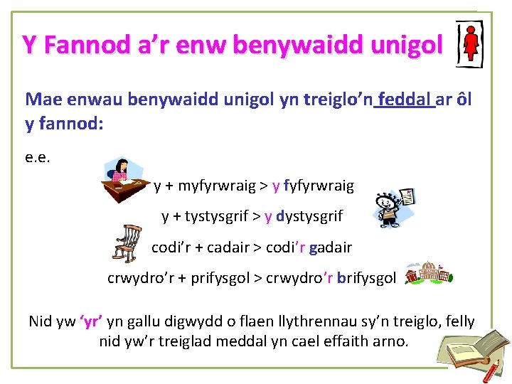 Y Fannod a’r enw benywaidd unigol Mae enwau benywaidd unigol yn treiglo’n feddal ar