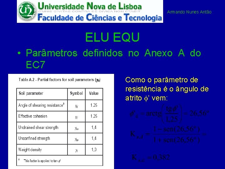 Armando Nunes Antão ELU EQU • Parâmetros definidos no Anexo A do EC 7