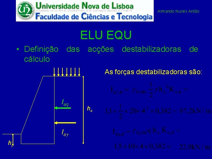 Armando Nunes Antão ELU EQU • Definição das acções destabilizadoras de cálculo As forças