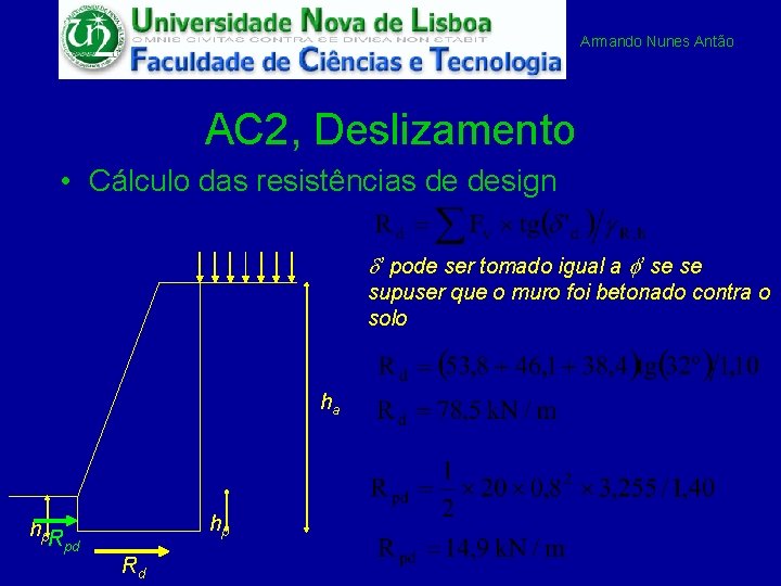 Armando Nunes Antão AC 2, Deslizamento • Cálculo das resistências de design d’ pode