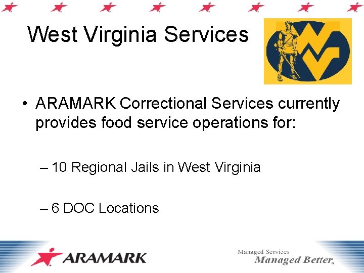 West Virginia Services • ARAMARK Correctional Services currently provides food service operations for: –
