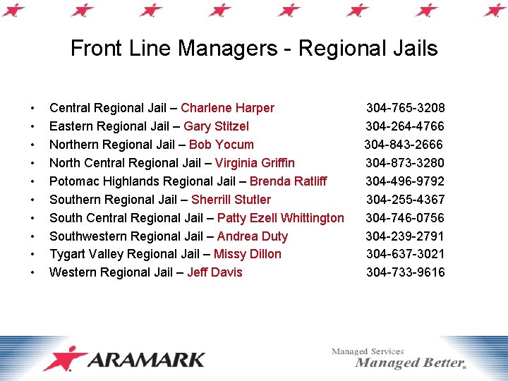 Front Line Managers - Regional Jails • • • Central Regional Jail – Charlene