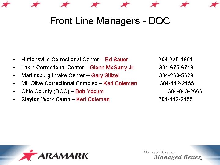 Front Line Managers - DOC • • • Huttonsville Correctional Center – Ed Sauer
