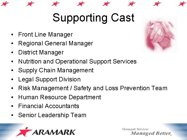 Supporting Cast • • • Front Line Manager Regional General Manager District Manager Nutrition