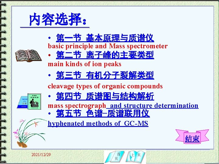 内容选择： • 第一节 基本原理与质谱仪 basic principle and Mass spectrometer • 第二节 离子峰的主要类型 main kinds