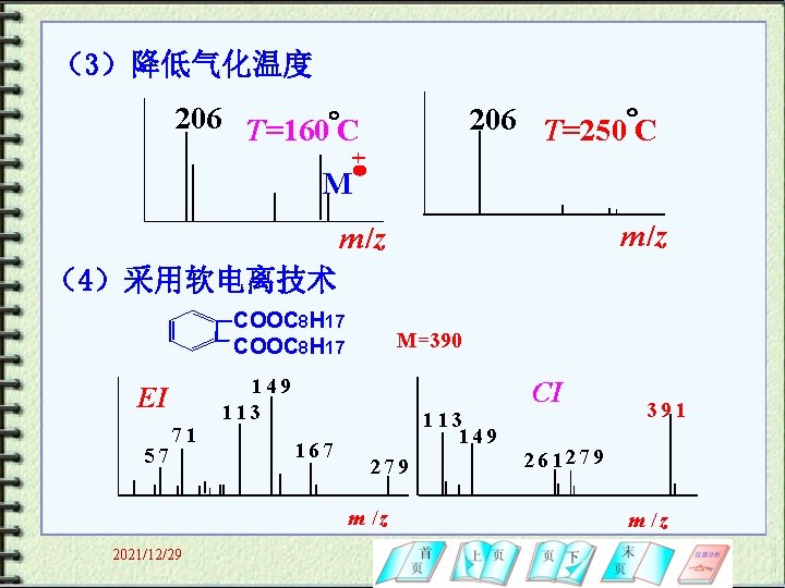 （3）降低气化温度 206 T=160 C 206 T=250 C M m/z （4）采用软电离技术 COOC 8 H 17