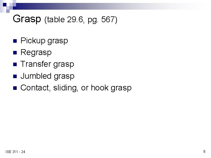 Grasp (table 29. 6, pg. 567) n n n Pickup grasp Regrasp Transfer grasp