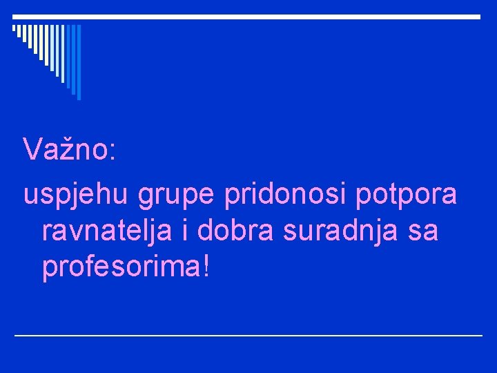 Važno: uspjehu grupe pridonosi potpora ravnatelja i dobra suradnja sa profesorima! 