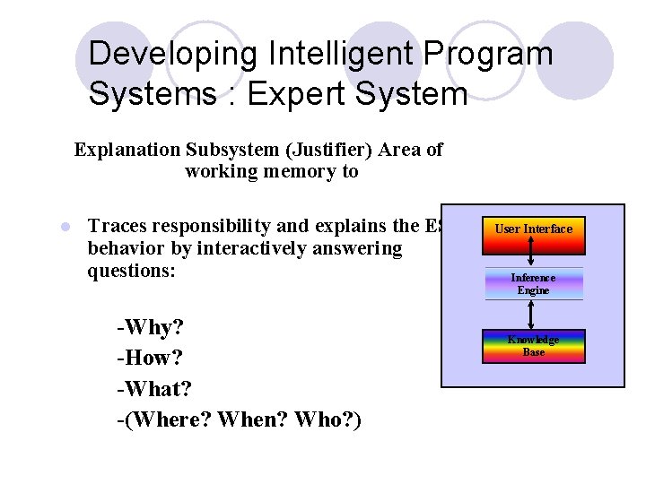 Developing Intelligent Program Systems : Expert System Explanation Subsystem (Justifier) Area of working memory Developing Intelligent Program Systems : Expert System Explanation Subsystem (Justifier) Area of working memory